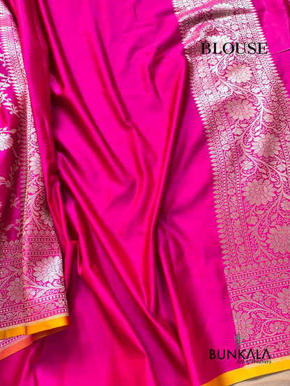 Hot Pink Sona Zari Floral Jaal Weaved Banarasi Mashru Silk Saree