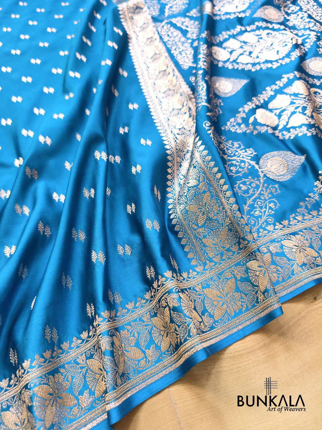 Shop Ocean Blue Golden Zari Buti Koniya Pallu Banarasi Mashru Silk ...