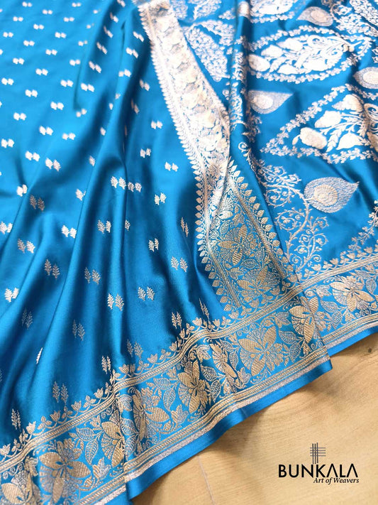 Ocean Blue Golden Zari Buti Koniya Pallu Banarasi Mashru Silk Saree