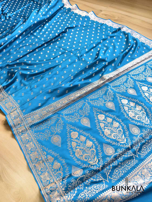 Ocean Blue Golden Zari Buti Koniya Pallu Banarasi Mashru Silk Saree
