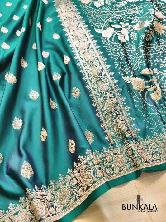 Teal Green Golden Zari Buti Heavy Floral Pallu Banarasi Mashru Silk Saree