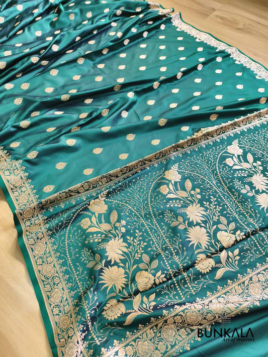 Teal Green Golden Zari Buti Heavy Floral Pallu Banarasi Mashru Silk Saree
