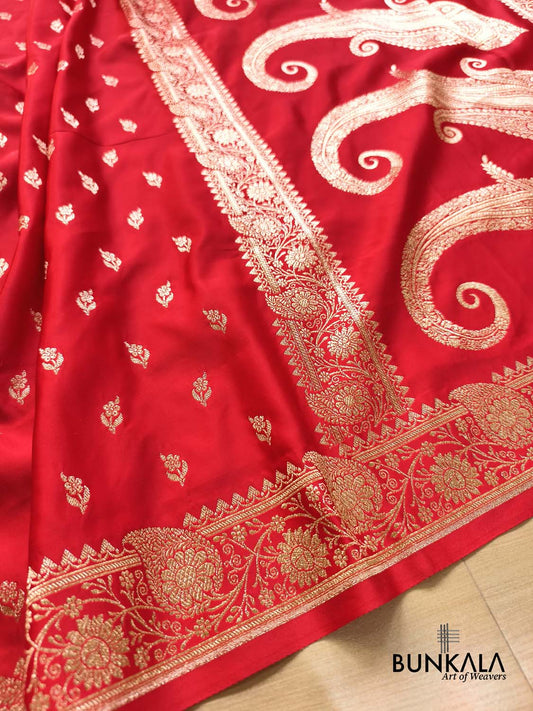 Kumkum Red Small Buti Heavy Paisley Pallu Banarasi Mashru Silk Saree