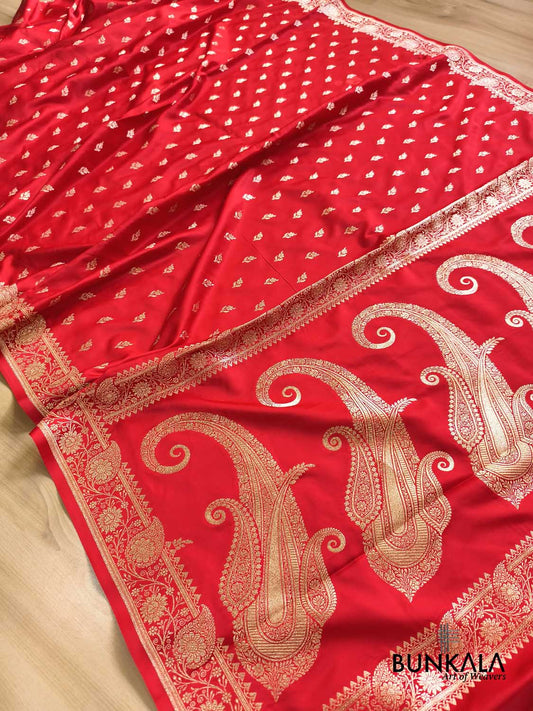 Kumkum Red Small Buti Heavy Paisley Pallu Banarasi Mashru Silk Saree