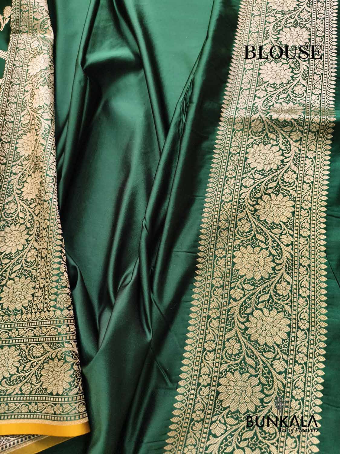 Bottle Green Leheriya Aada Pattern Heavy Floral Jaal Border Pallu Banarasi Mashru Silk Saree