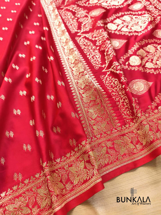 Sindoori Red Koniya Pallu Allover Buti Banarasi Mashru Silk Saree