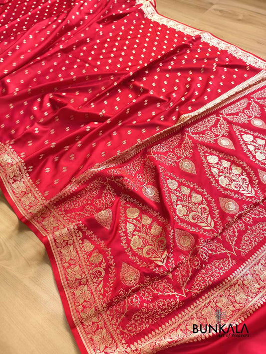 Sindoori Red Koniya Pallu Allover Buti Banarasi Mashru Silk Saree