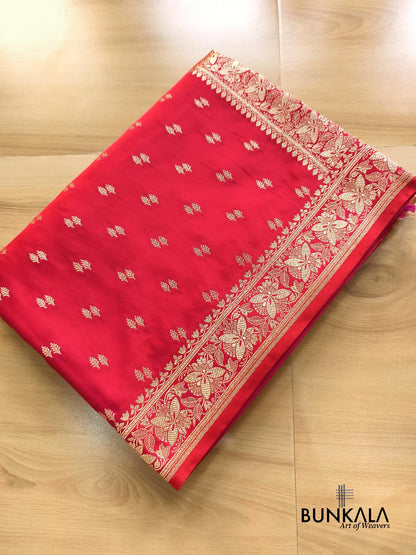 Sindoori Red Koniya Pallu Allover Buti Banarasi Mashru Silk Saree