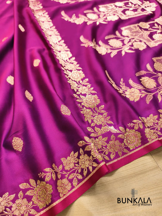 Baingani Purple Jharokha Floral Pallu Traditional Buti Banarasi Mashru Silk Saree