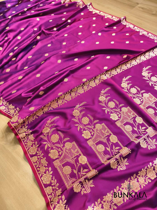 Baingani Purple Jharokha Floral Pallu Traditional Buti Banarasi Mashru Silk Saree