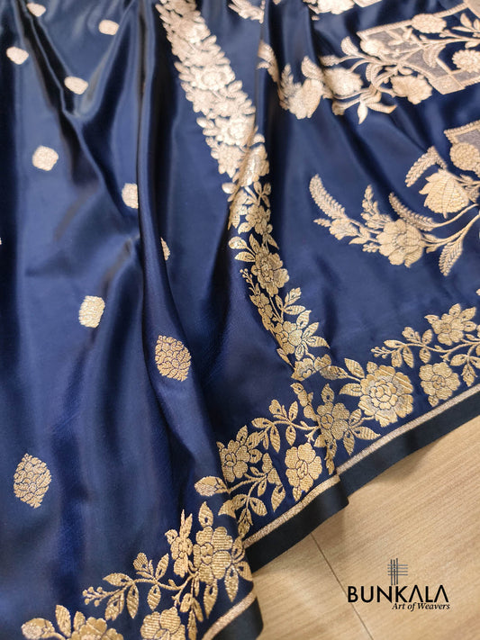 Midnight Navy Blue Jharokha Floral Pallu Traditional Buti Banarasi Mashru Silk Saree