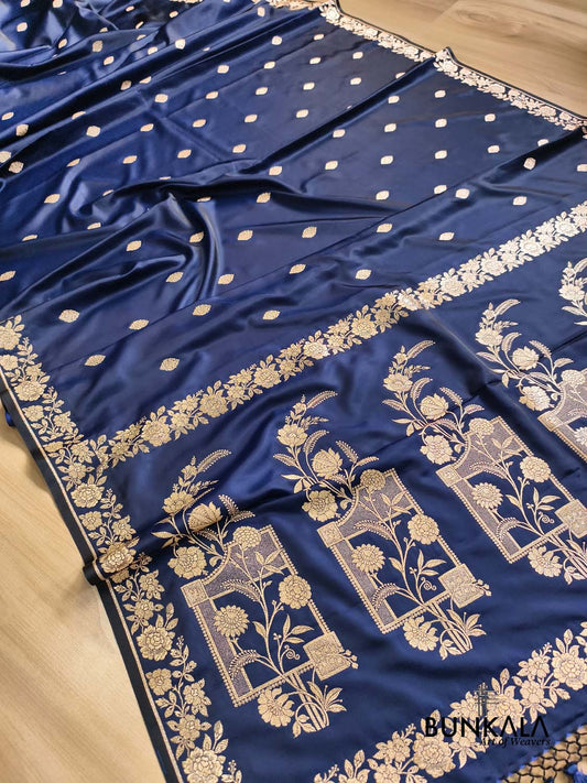 Midnight Navy Blue Jharokha Floral Pallu Traditional Buti Banarasi Mashru Silk Saree