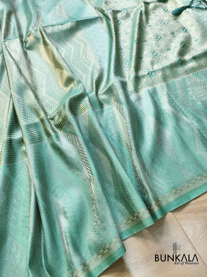 Sea Green Geometrical Zig Zag Pattern Weaved Banarasi Mashru Silk Saree