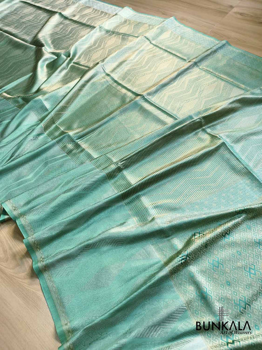 Sea Green Geometrical Zig Zag Pattern Weaved Banarasi Mashru Silk Saree