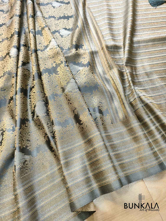 Grey Birds Sona Rupa Floral Jaal Weaved Banarasi Mashru Silk Saree