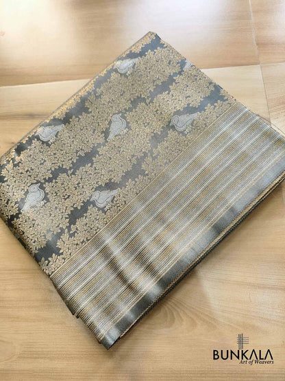 Grey Birds Sona Rupa Floral Jaal Weaved Banarasi Mashru Silk Saree