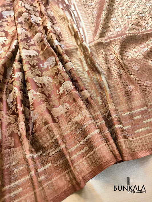 Copper Brown Elephant & Leaf Motif Sona Rupa Weaved Banarasi Mashru Silk Saree