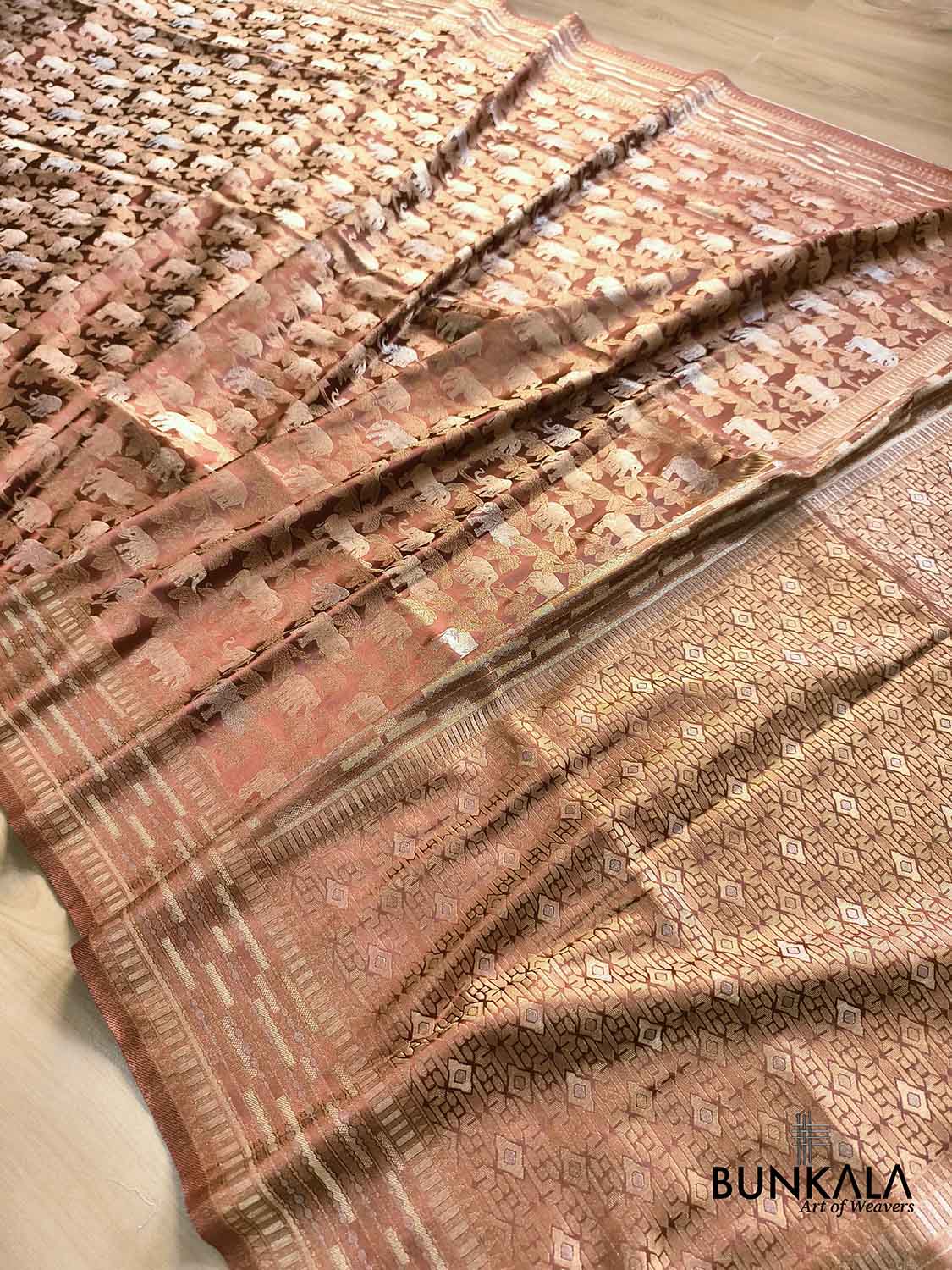 Copper Brown Elephant & Leaf Motif Sona Rupa Weaved Banarasi Mashru Silk Saree