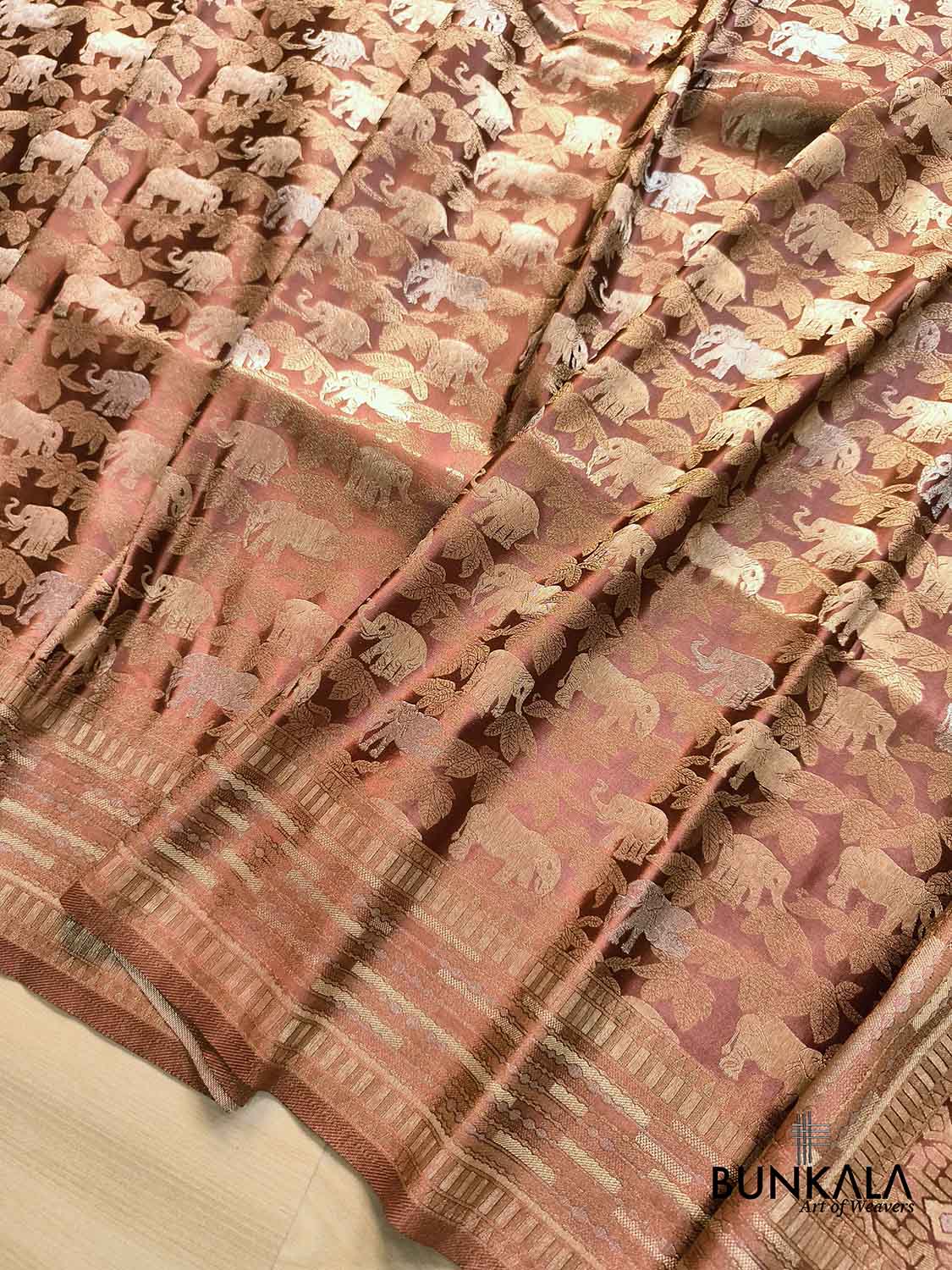 Copper Brown Elephant & Leaf Motif Sona Rupa Weaved Banarasi Mashru Silk Saree