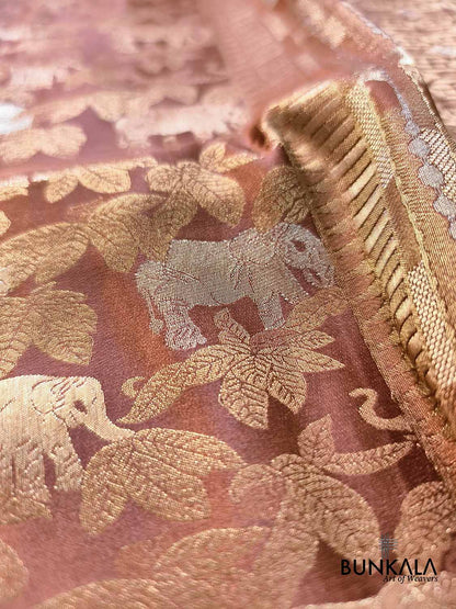Copper Brown Elephant & Leaf Motif Sona Rupa Weaved Banarasi Mashru Silk Saree