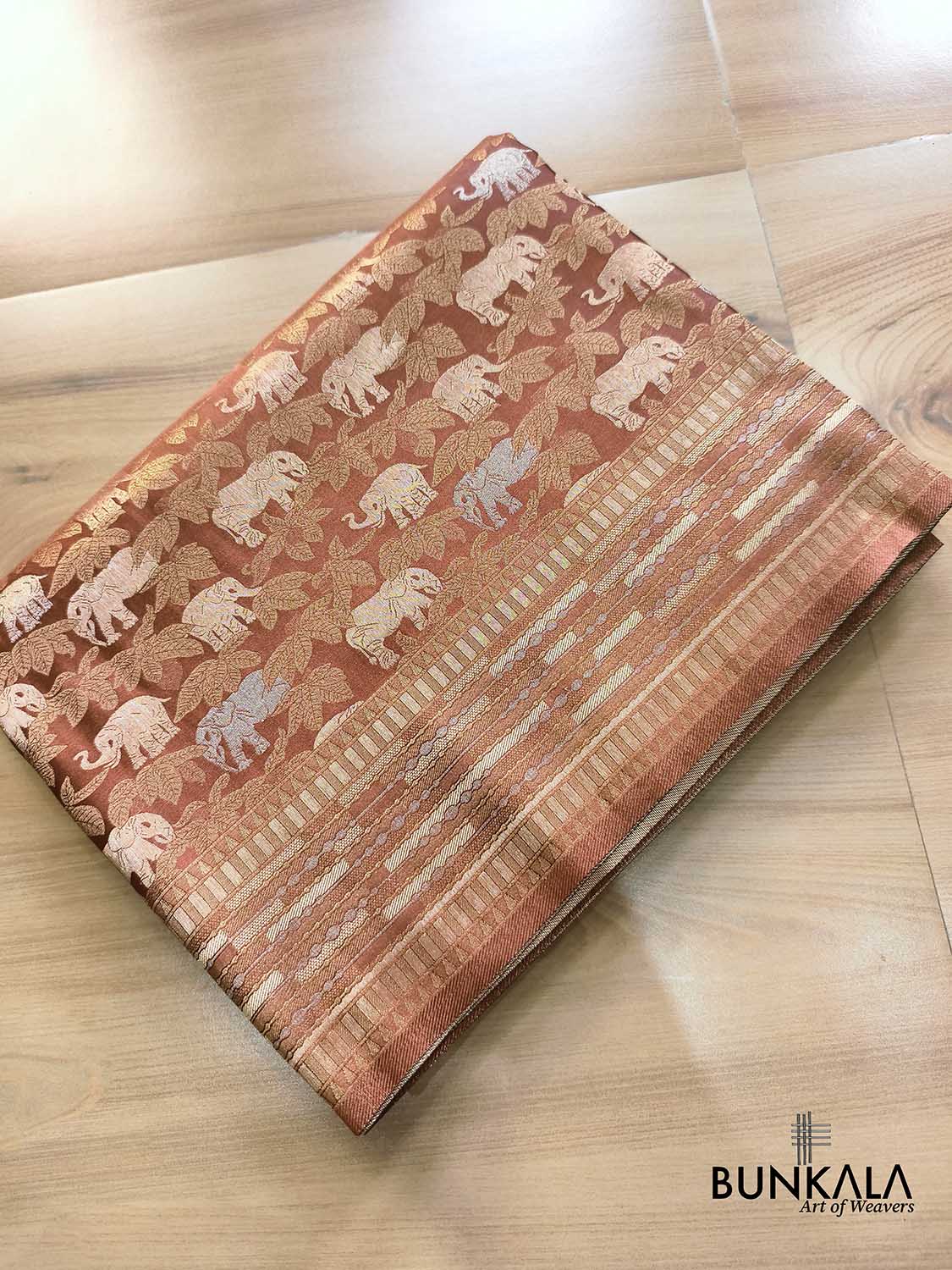 Copper Brown Elephant & Leaf Motif Sona Rupa Weaved Banarasi Mashru Silk Saree