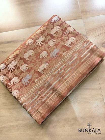 Copper Brown Elephant & Leaf Motif Sona Rupa Weaved Banarasi Mashru Silk Saree