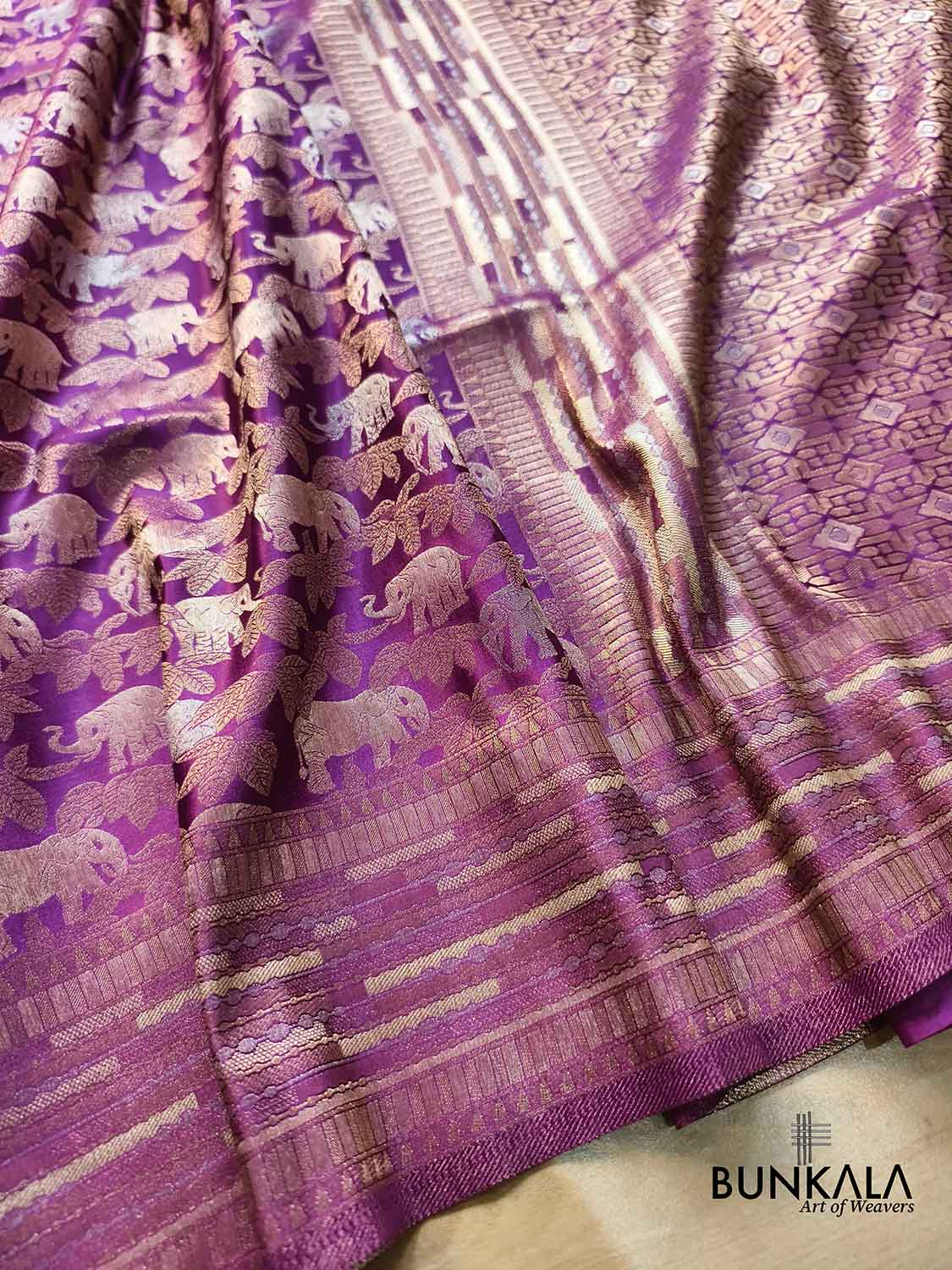 Magenta Purple Elephant & Leaf Motif Sona Rupa Weaved Banarasi Mashru Silk Saree