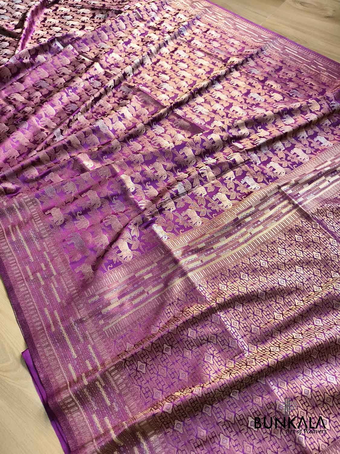Magenta Purple Elephant & Leaf Motif Sona Rupa Weaved Banarasi Mashru Silk Saree