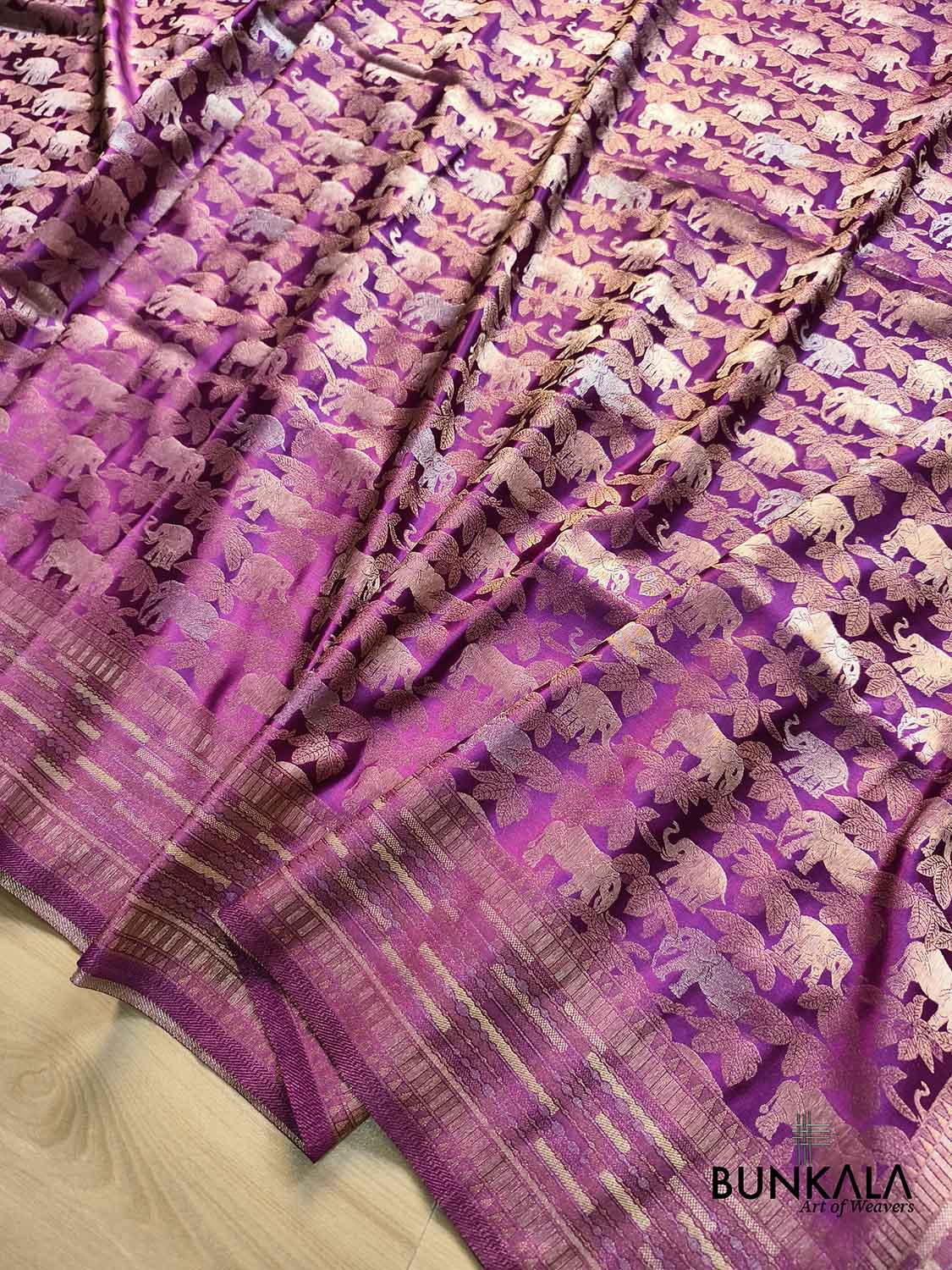 Magenta Purple Elephant & Leaf Motif Sona Rupa Weaved Banarasi Mashru Silk Saree