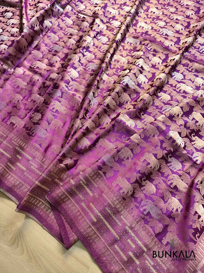 Magenta Purple Elephant & Leaf Motif Sona Rupa Weaved Banarasi Mashru Silk Saree