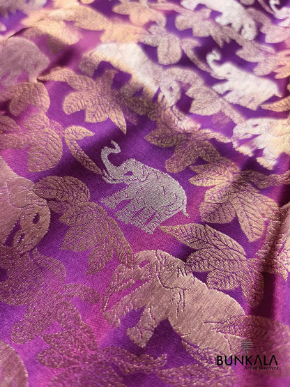 Magenta Purple Elephant & Leaf Motif Sona Rupa Weaved Banarasi Mashru Silk Saree