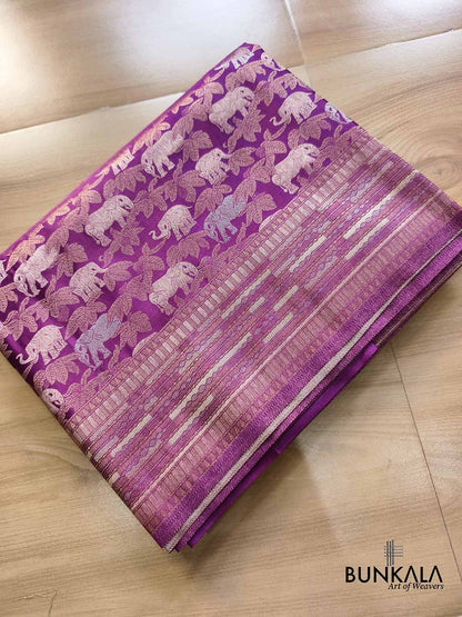 Magenta Purple Elephant & Leaf Motif Sona Rupa Weaved Banarasi Mashru Silk Saree
