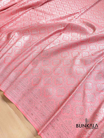 Peach Pink Mashru Silk Silver Zari Brocade Weaved Banarasi Saree