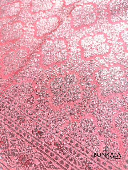 Peach Pink Mashru Silk Silver Zari Brocade Weaved Banarasi Saree