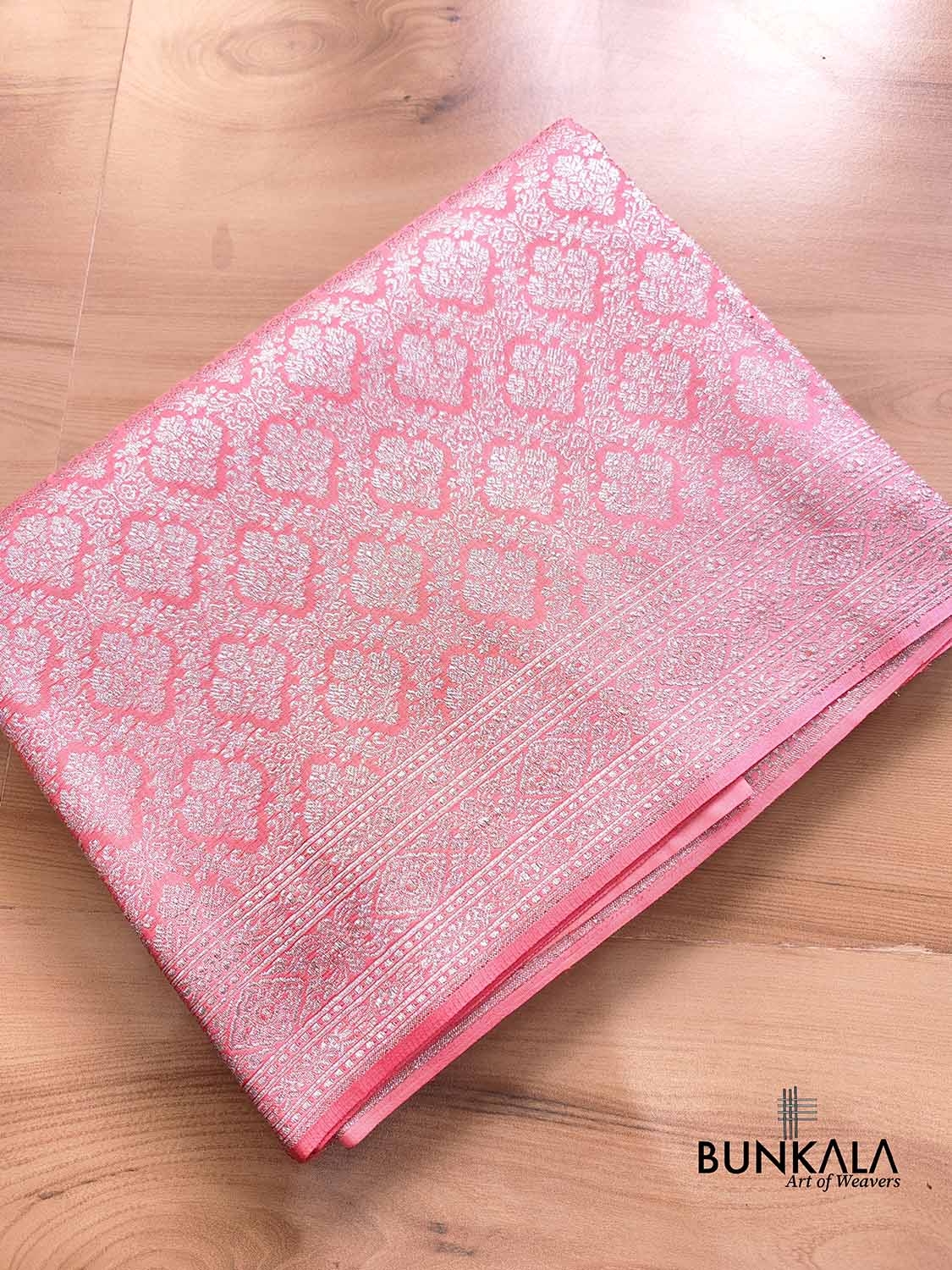 Peach Pink Mashru Silk Silver Zari Brocade Weaved Banarasi Saree