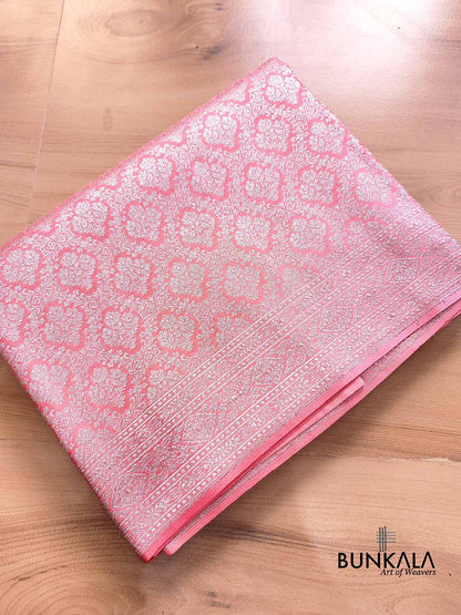 Peach Pink Mashru Silk Silver Zari Brocade Weaved Banarasi Saree