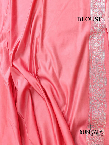 Peach Pink Mashru Silk Silver Zari Brocade Weaved Banarasi Saree