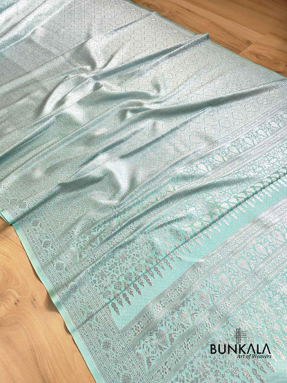 Aqua Blue Mashru Silk Silver Zari Brocade Weaved Banarasi Saree
