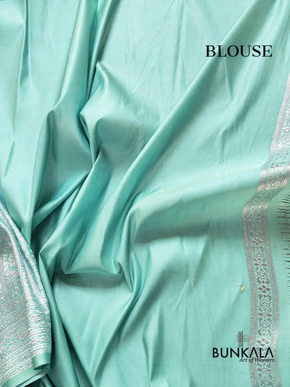 Aqua Blue Mashru Silk Silver Zari Brocade Weaved Banarasi Saree