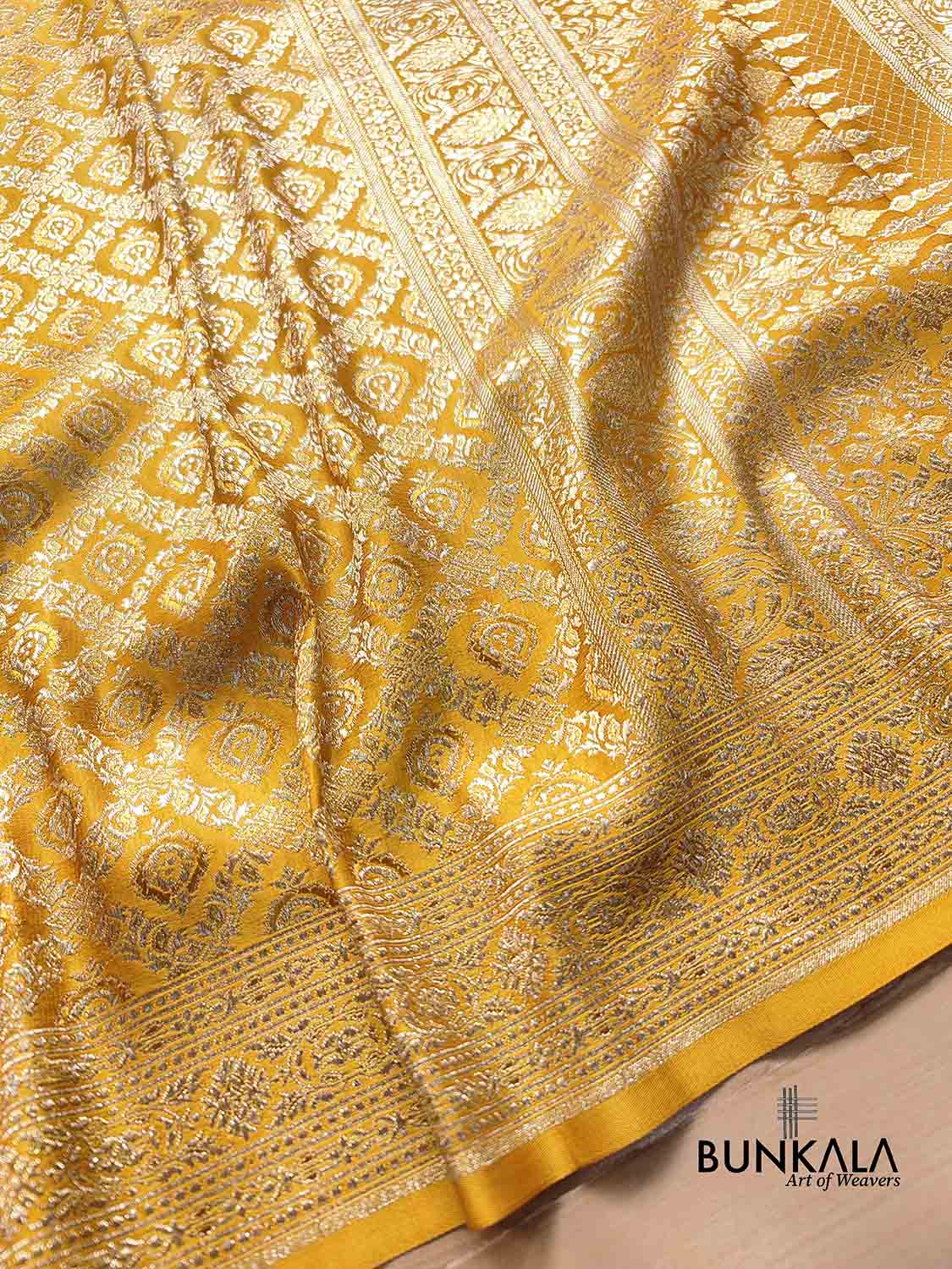 Mustard Yellow Mashru Silk Gold Zari Banarasi Saree