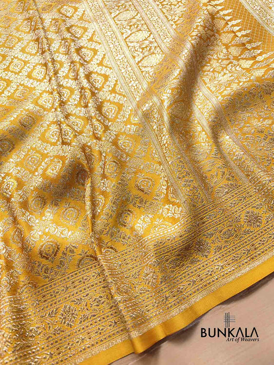Mustard Yellow Mashru Silk Gold Zari Banarasi Saree