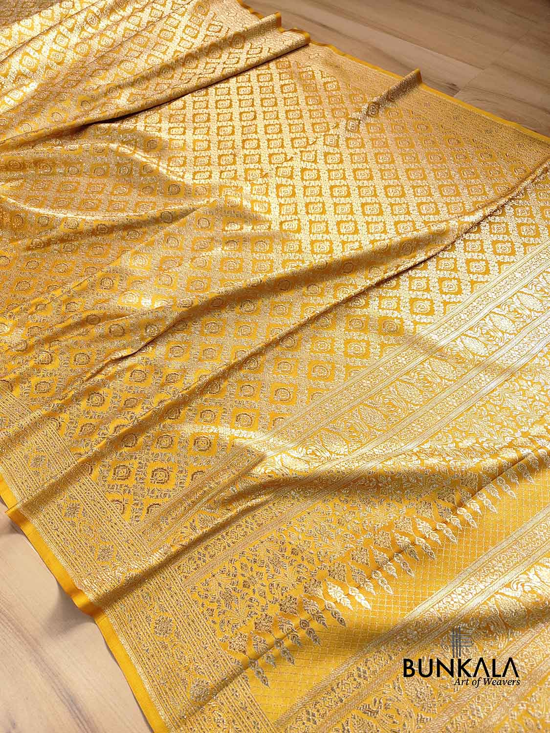 Mustard Yellow Mashru Silk Gold Zari Banarasi Saree