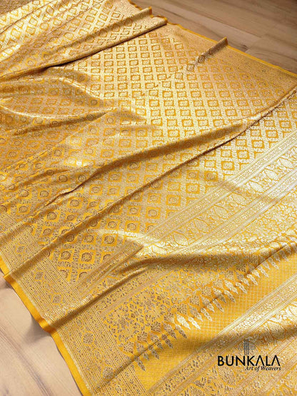 Mustard Yellow Brocade Mashru Silk Gold Zari Banarasi Saree