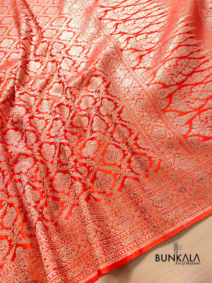 Bright Orange Mashru Silk Gold Zari Brocade Weaved Banarasi Saree