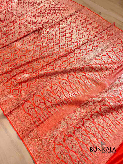 Bright Orange Mashru Silk Gold Zari Brocade Weaved Banarasi Saree