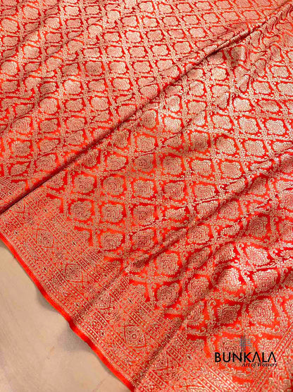 Bright Orange Mashru Silk Gold Zari Brocade Weaved Banarasi Saree