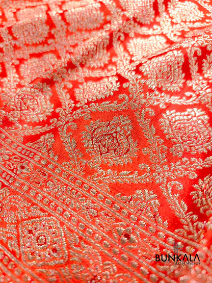Bright Orange Mashru Silk Gold Zari Brocade Weaved Banarasi Saree