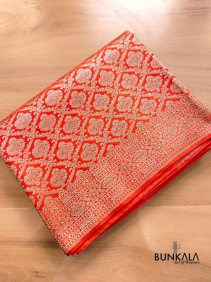 Bright Orange Mashru Silk Gold Zari Brocade Weaved Banarasi Saree