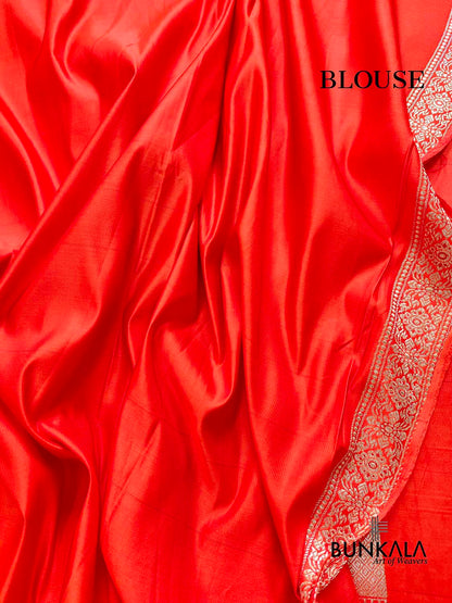 Bright Orange Mashru Silk Gold Zari Brocade Weaved Banarasi Saree