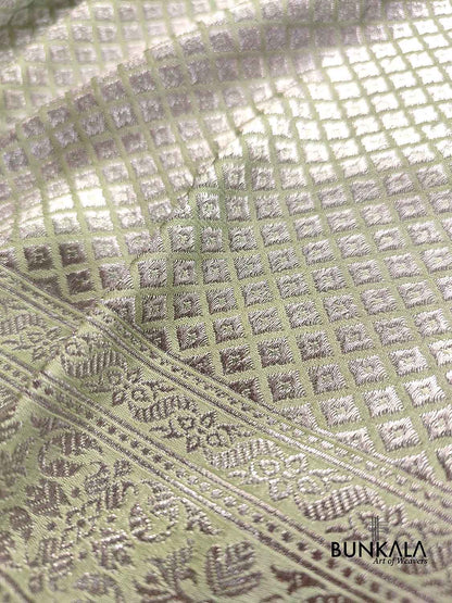 English Light Green Mashru Silk Silver Zari Brocade Weaved Banarasi Saree